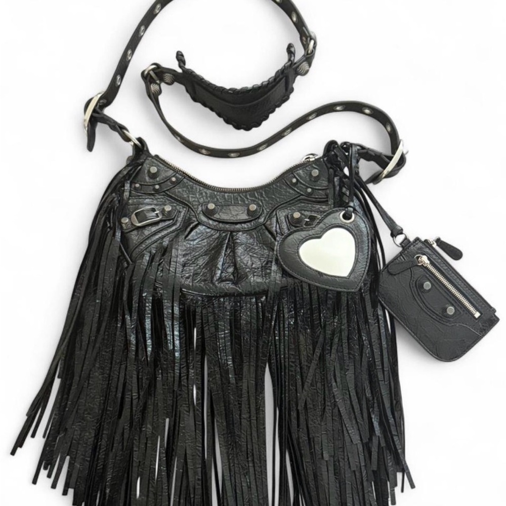 Balenciaga Black Fringed Shoulder Bag with Heart Charm